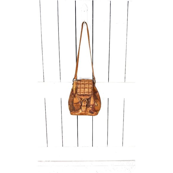 70’s vintage brown tooled patchwork leather drawstring bucket bag shoulder purse